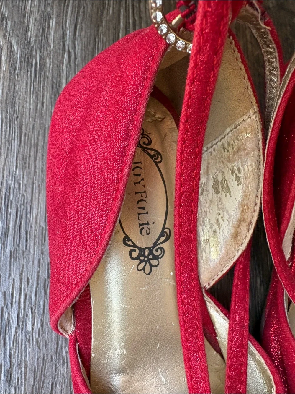 Joyfolie Red Jeweled T-Strap Peep-Toe Heels